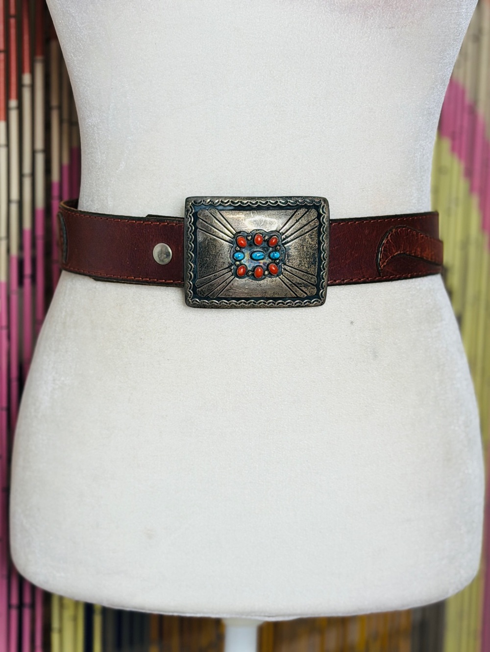 Vintage 80s 90s Handcrafted Navajo Leather Belt Sterling Silver Turquoise Coral